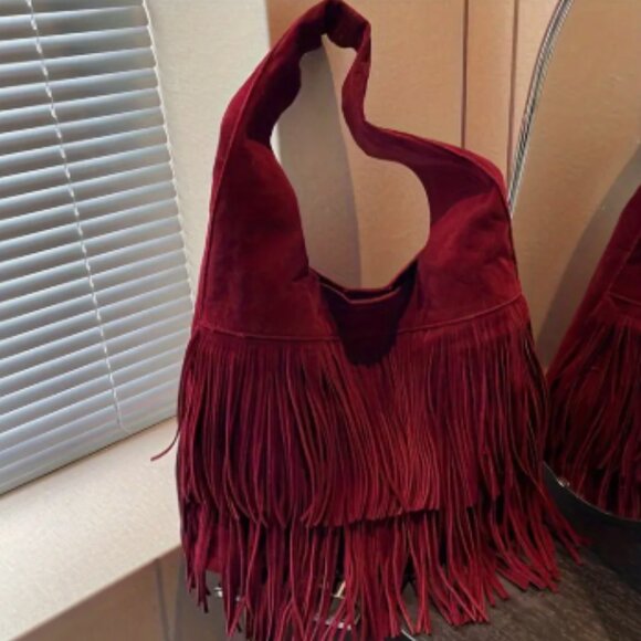Red Velvety Tote with Fringe Large - Picture 1 of 5